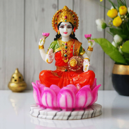Hindu Goddess Lakshmi Statue Sitting on Lotus Flower (10.5 Inch) by rivaaz
